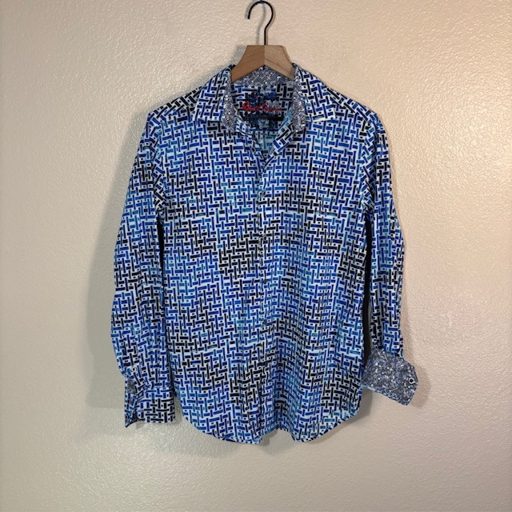 Robert Graham Shirt Mens Medium Button Up Flip Cuff Blue Black Art Long Sleeve